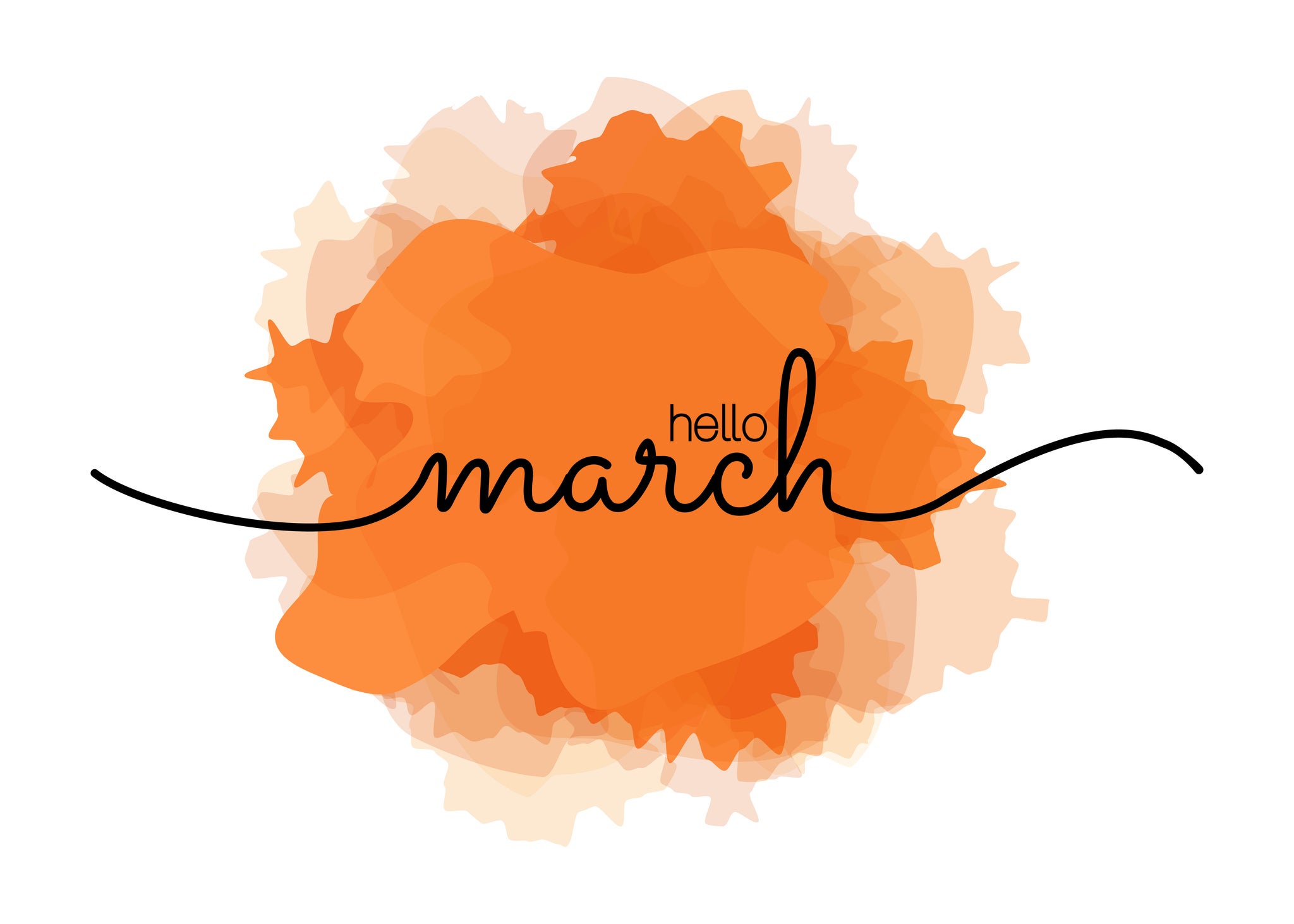 Hello March - greeting card for beginning of month, welcoming poster design. Vector illustration with abstract textured yellow, orange yellow background. banner, poster, greeting card design template. Vector stock illustration