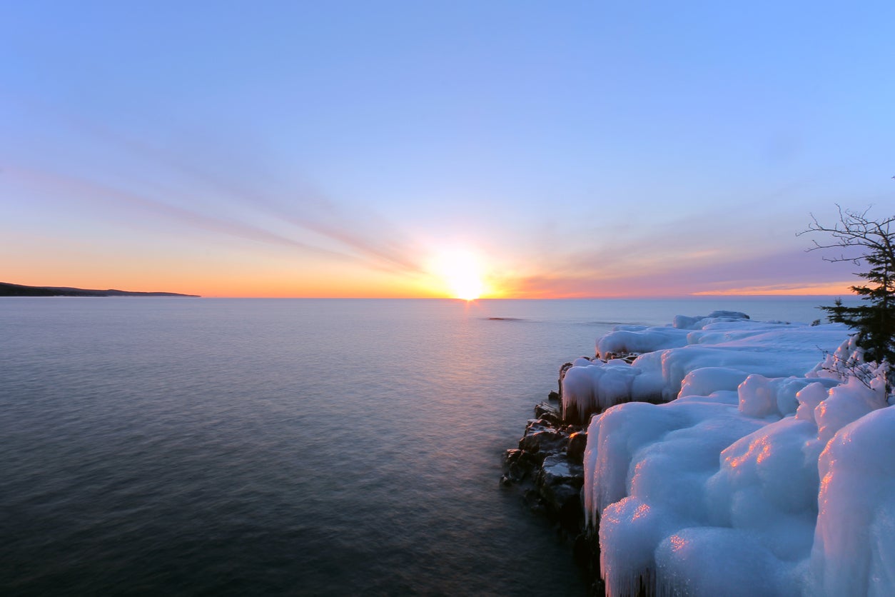A Golden Winter Sunrise on Lake Superior's North Shore in Minnesota Near Grand Marais