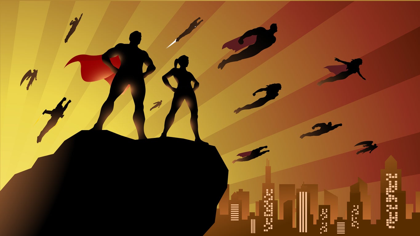 Vector Superhero Team Flying Silhouette in a City Stock Illustration
