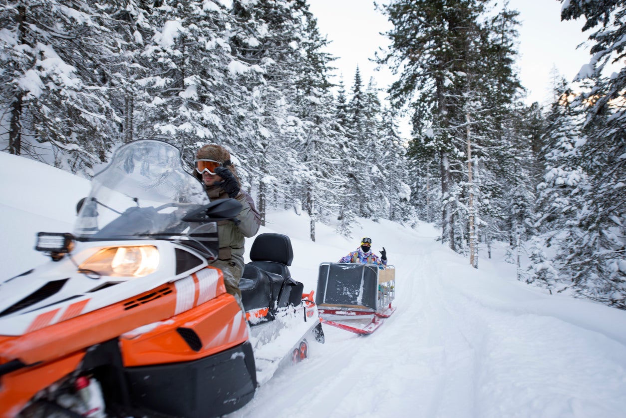 Snowmobile pull behind passenger sled in winter forest.