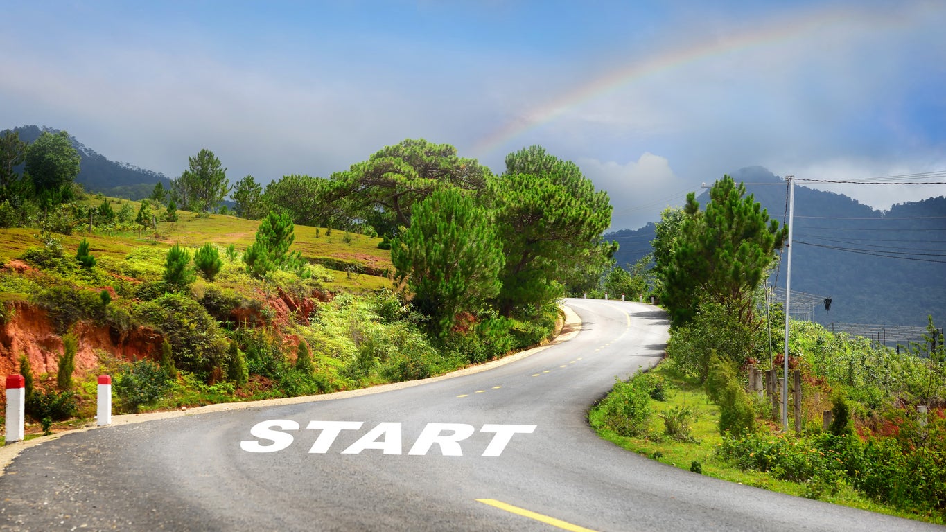 Start word on asphalt road and way to success