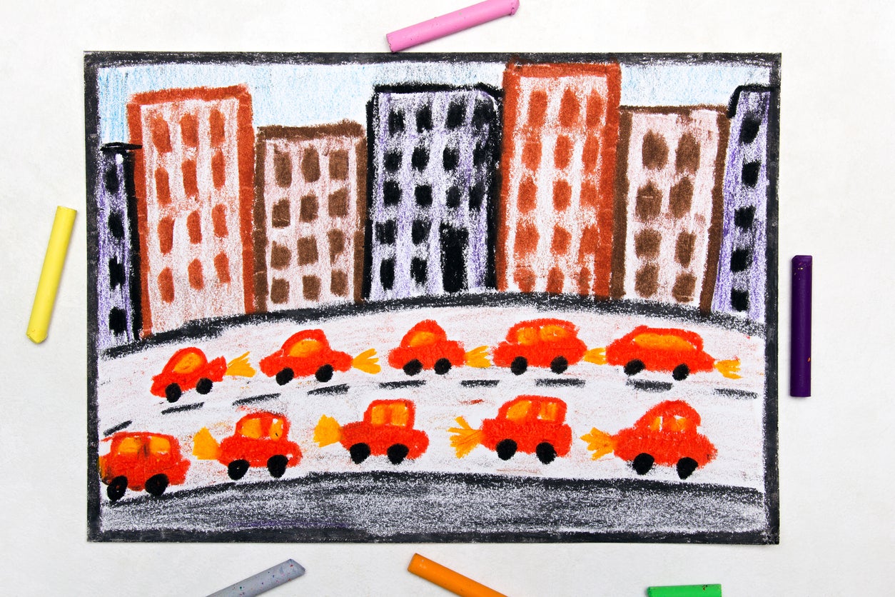 Colorful drawing: Big city and highway. Cars next to blocks of flats