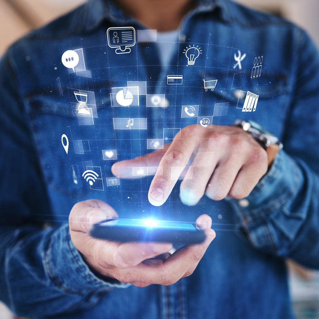 Phone in hand, hologram and overlay with futuristic icons, data safety or software developer with mobile app, technology and innovation. Ux, cyber security or digital transformation on smartphone