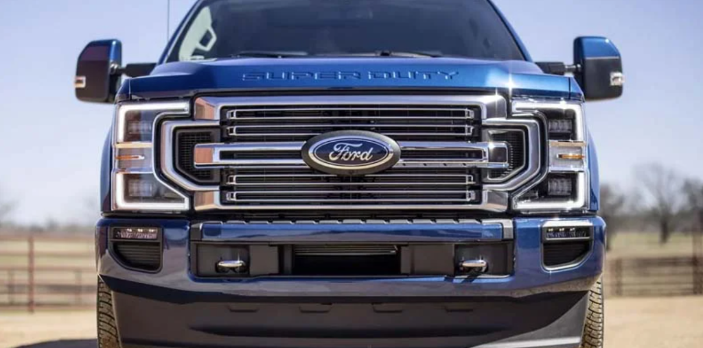 The front of a blue 2022 Ford F-350.