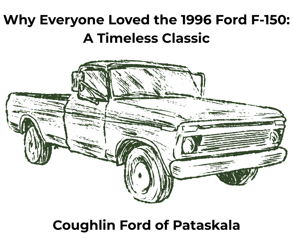 A graphic of a 90s style Ford F-150, text reads" "Why Everyone Loves a 19996 Ford F-150: A Timeless Classic"