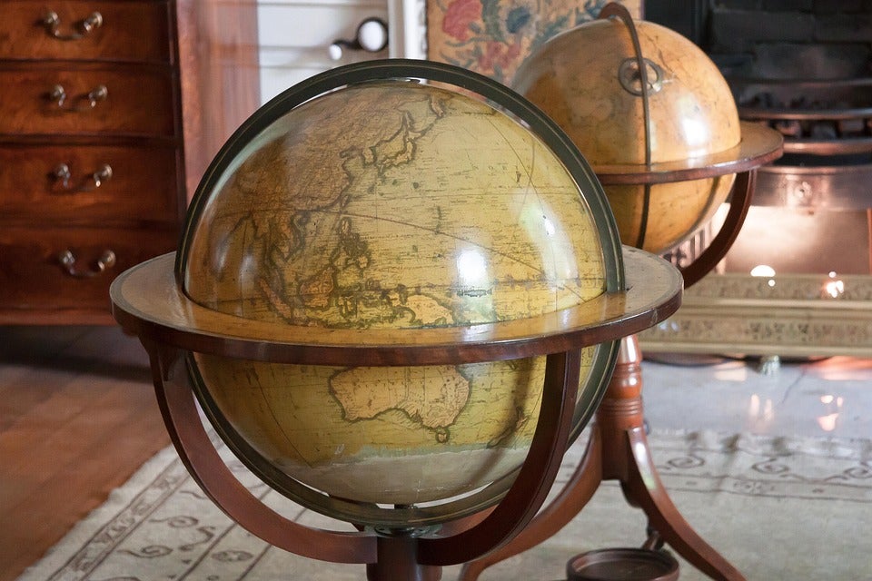 Vintage globe in a room styled in an older style