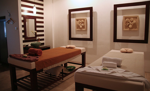 inside of a spaq with a black, white, and burnt orange color scheme