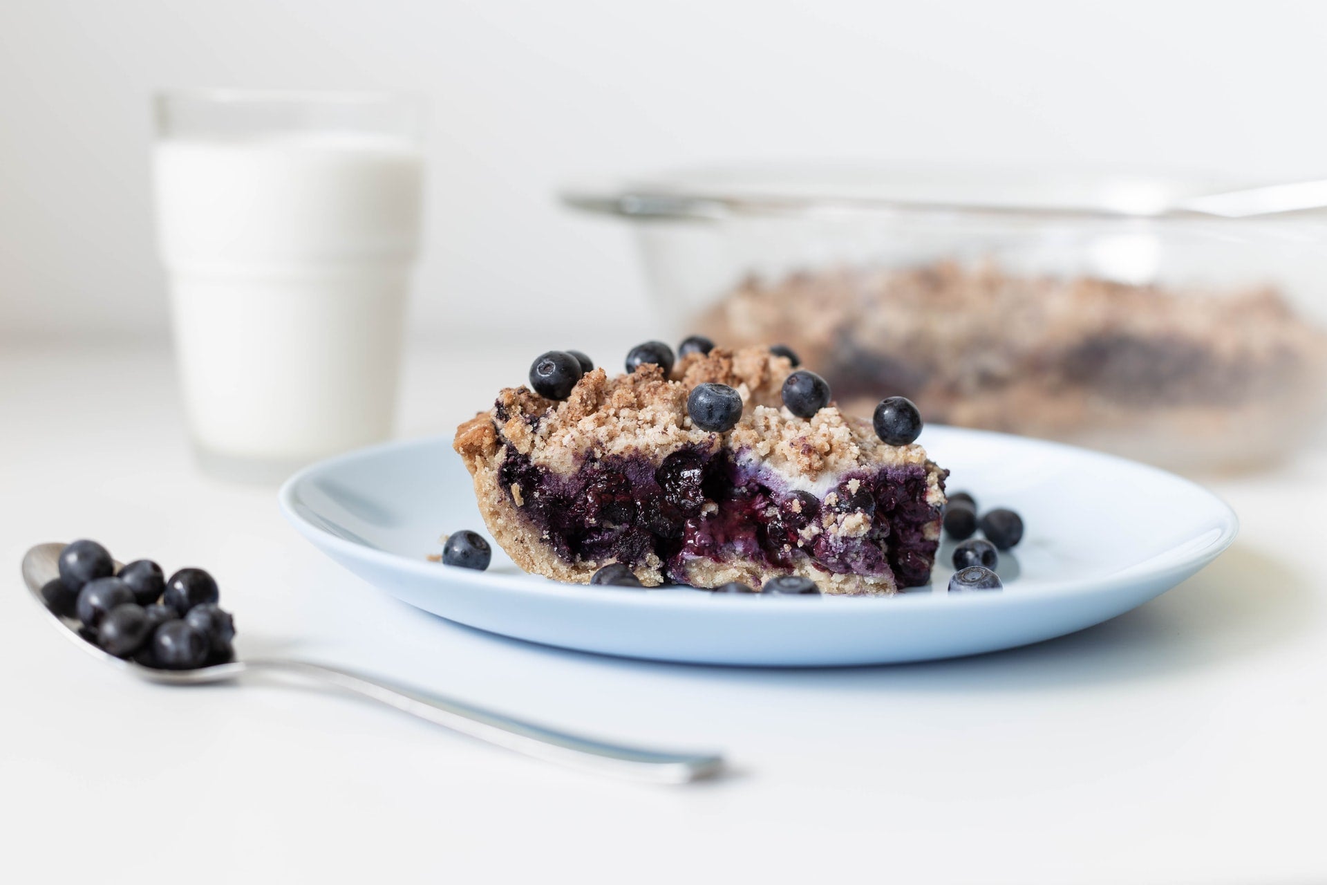 Slice of blueberry pie with glass of milk