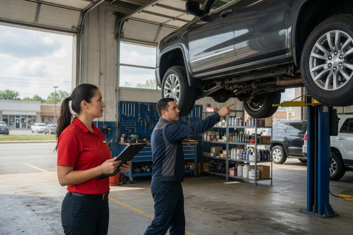 Two Mechanics reviewing an SUV on a lift for Service.
