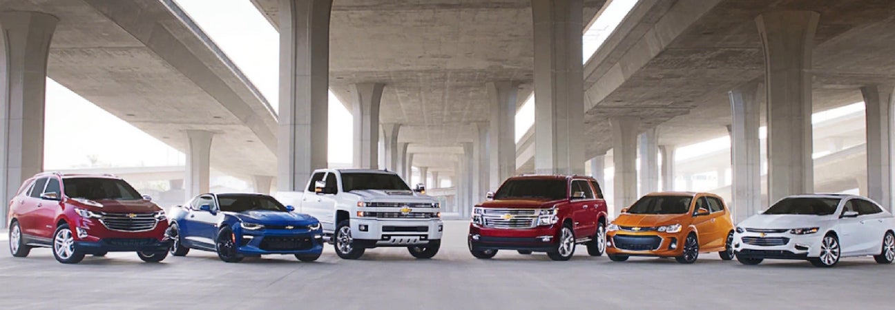 A lineup of new Chevy cars