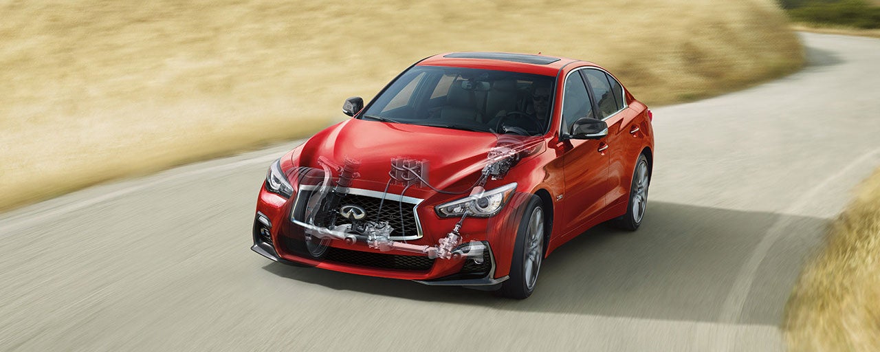 The new INFINITI Q50 2018 INFINITI Q50 RED SPORT 400 Sedan Exterior | Front profile in Dynamic Sunstone Red, highlighting Direct Adaptive Steering®